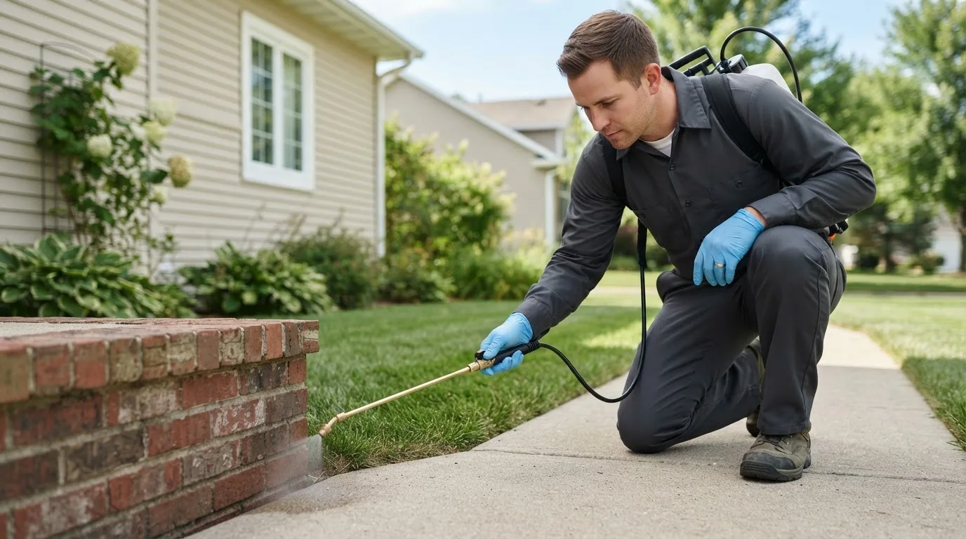 Pest control technician treating a home near South Woodstock, VT