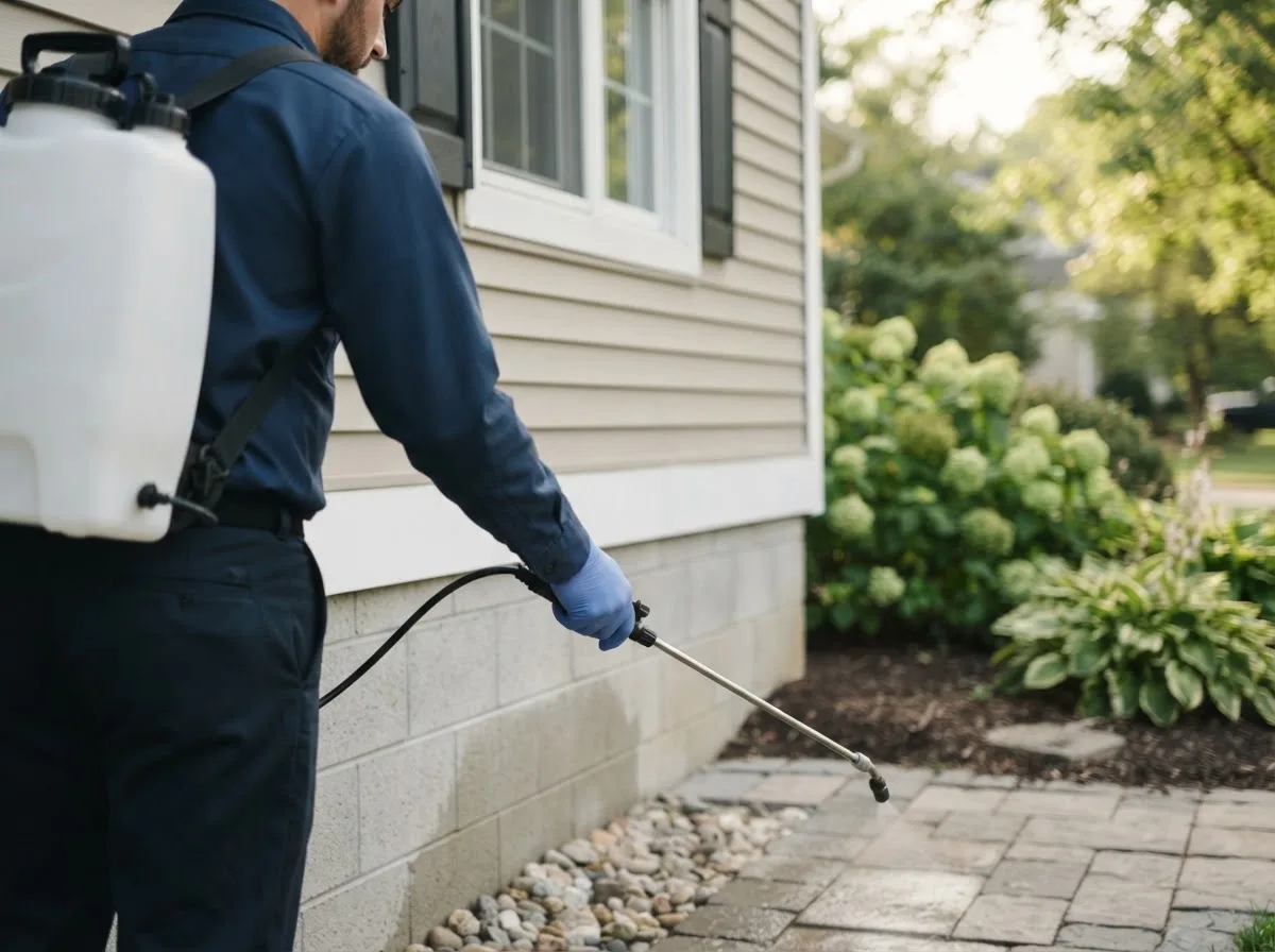 Pest control technician inspecting a home in South Woodstock, VT